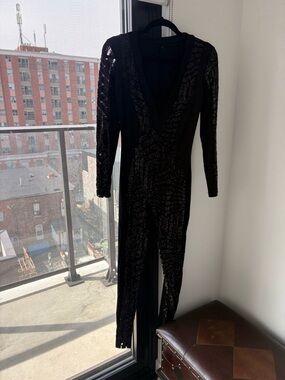 Black Sequin Long-Sleeve Jumpsuit